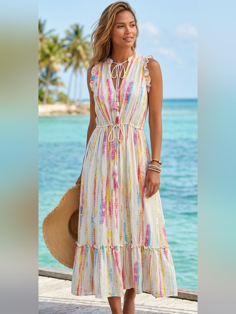 ​Black Tape Boho Pink Yellow Tie Dye Maxi Dress – Small – Metallic Gold Threadin